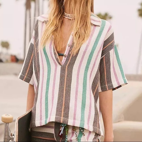 Free People Endless Summer Soleil Time Striped Waffle Knit Boxy Henley Polo XS - Picture 11 of 11